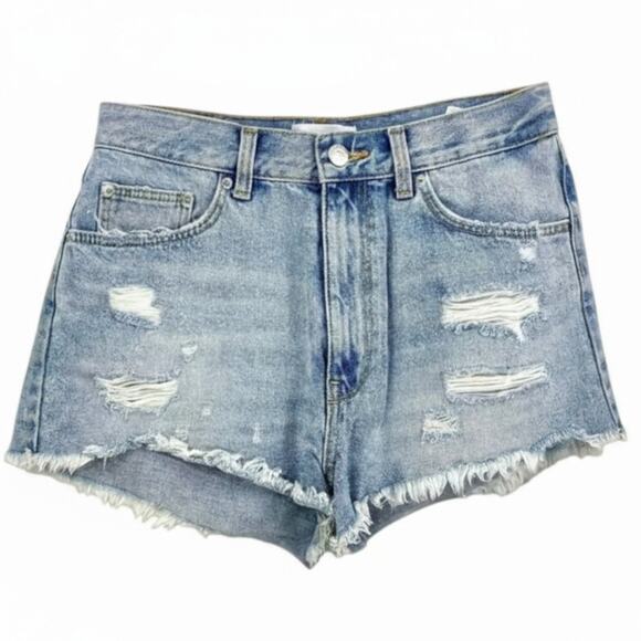 ZARA Blue Cotton Light Wash Distressed Denim Shorts - Picture 1 of 8